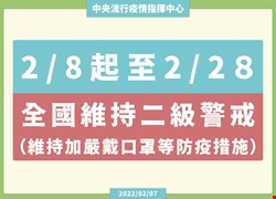 2/8起至2/28全國維持二級警戒